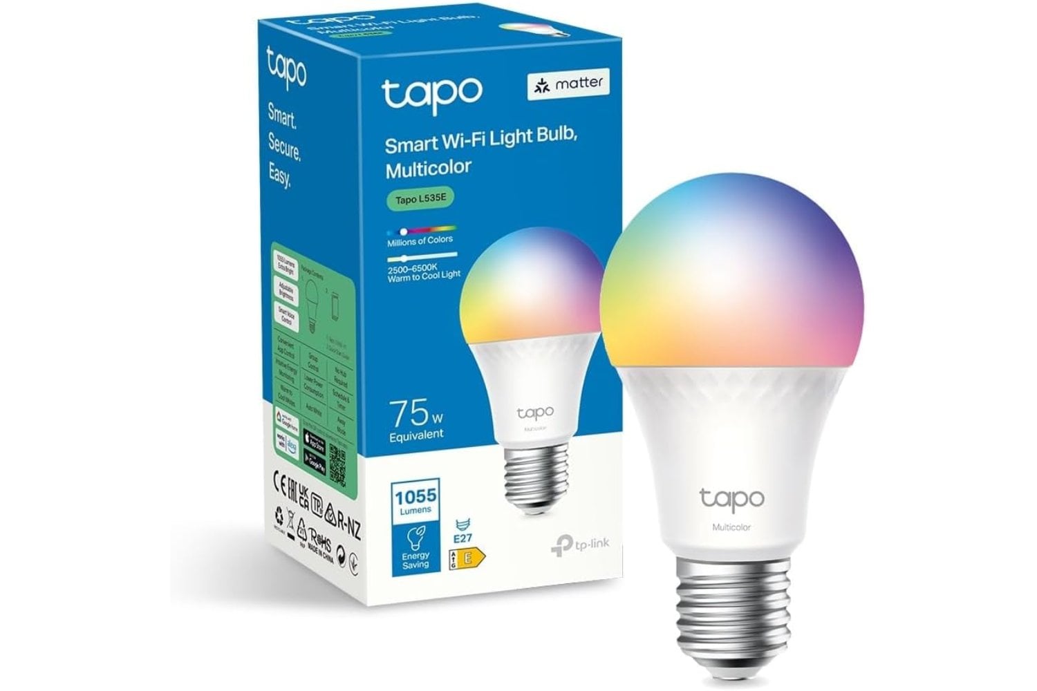 Tapo L535E - Bombillas inteligentes, 1055 lúmenes de alto brillo (equivalente a 75 W), Multicolor, 2500-6500k regulable, Compatible con Matter, Alexa y Google