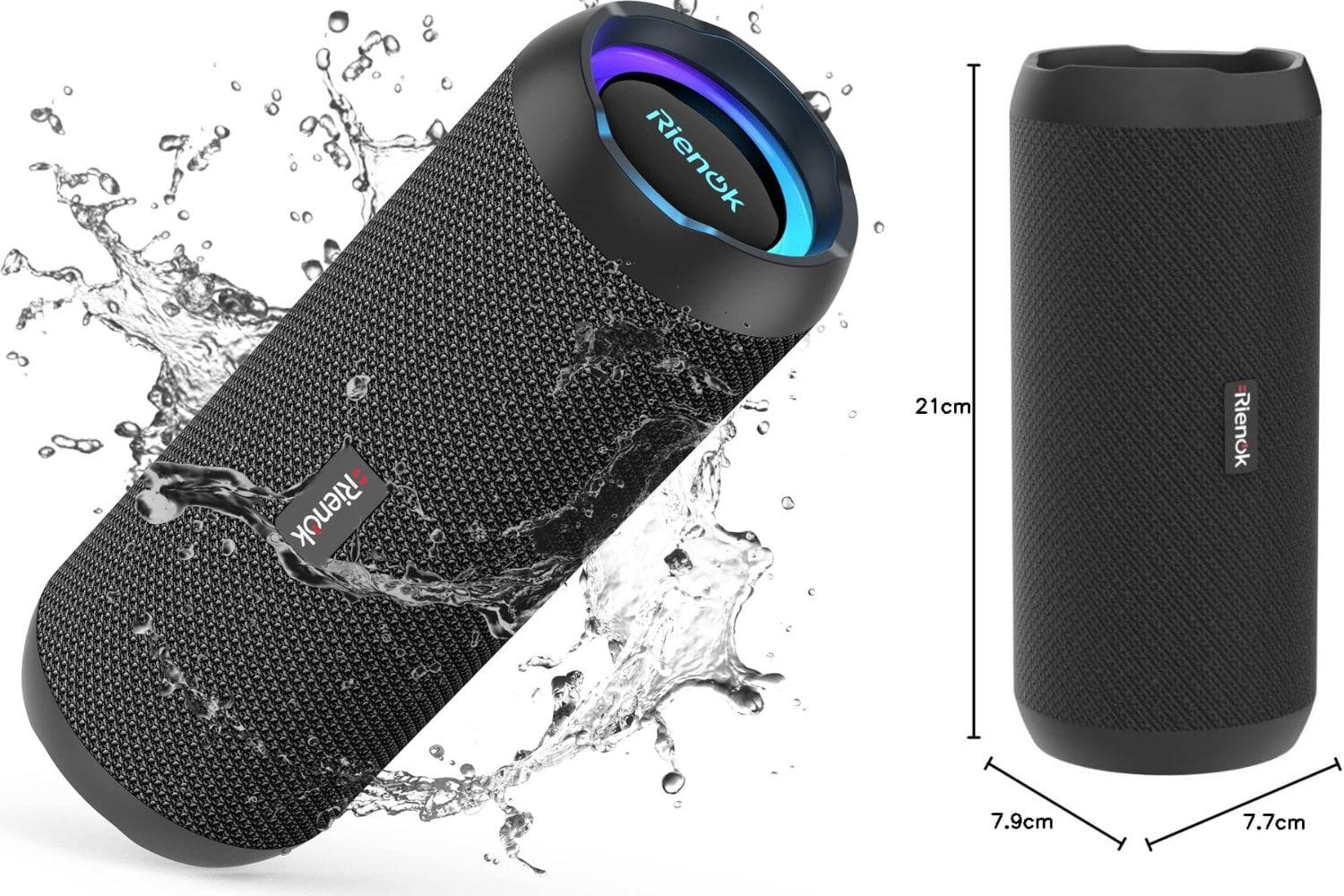 RIENOK Altavoz Bluetooth 5.3 Altavoz Inalámbrico Portátil Impermeable IPX7, Bass, Sonido Estéreo, Apoya Micro SD AUX