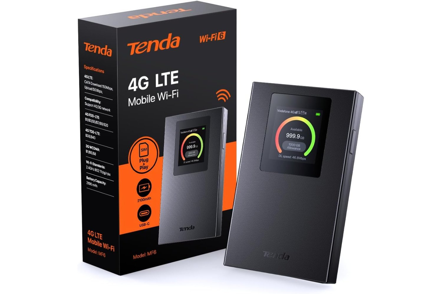 Tenda MF6 - Router 4G SIM Portátil Móvil, WiFi Portatil Cat4 WiFi 6 AX300, MiFi 4G con Batería Recargable de 2100mAh, Puerto USB-C, WPA3, Pantalla a Color, Carga con Power Bank, Nano SIM, Plug y Play