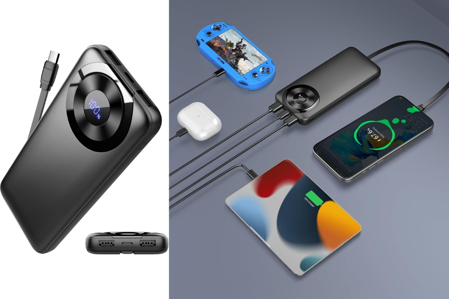 Power Bank Bateria Externa 10000mAh, 3A Carga Rapida Bateria Portatil USB-C in&out con 4 Salidas, Cargador Portatil con Cable Integrado para iPhone 11/15/12/13/14/16, xiaomi, Samsung, Tabletas y más