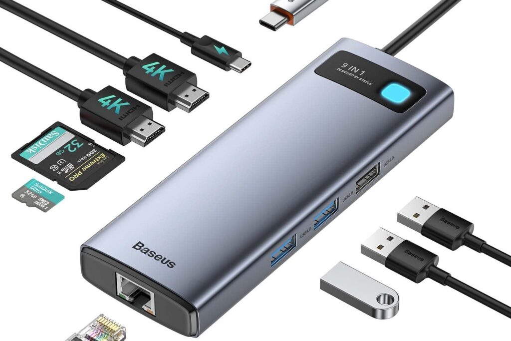 Baseus Docking Station USB C Dual HDMI, 9 en 1 Dual Monitor Adaptador con 2 HDMI 4K, Ethernet RJ45, 3 USB, PD 100W, Lector de Tarjetas SD/TF para MacBook/iPad/DELL/HP/Surface/Lenovo