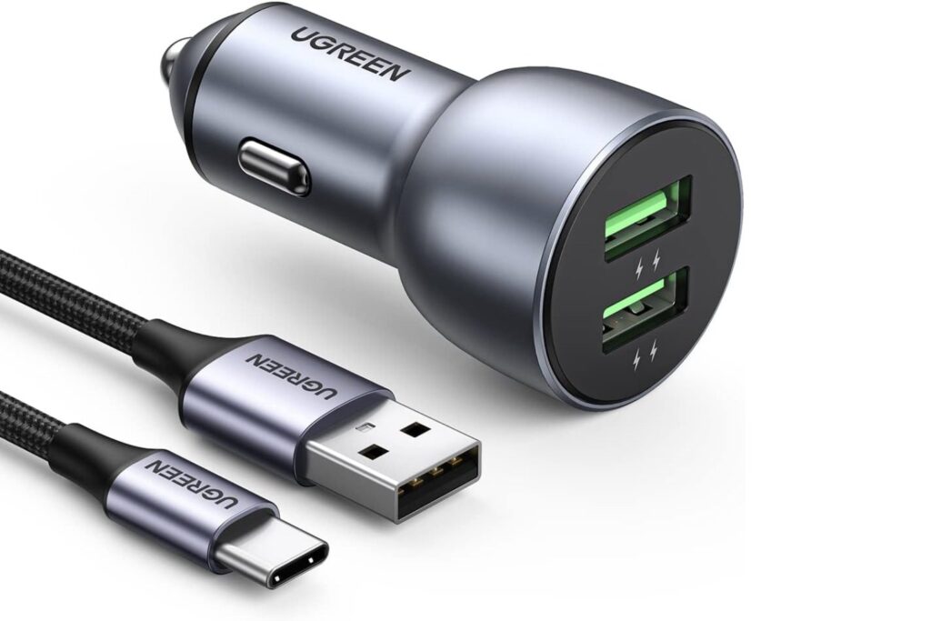 UGREEN Cargador Coche, 36W Car Charger Tipo C Carga Rapida QC 3.0 Doble Puertos con 1M Cable USB C, Compatible con Galaxy S24 S23, iPhone 16 15 14 13 Plus Pro MAX, Pixel 9 8 7, Huawei Xiaomi