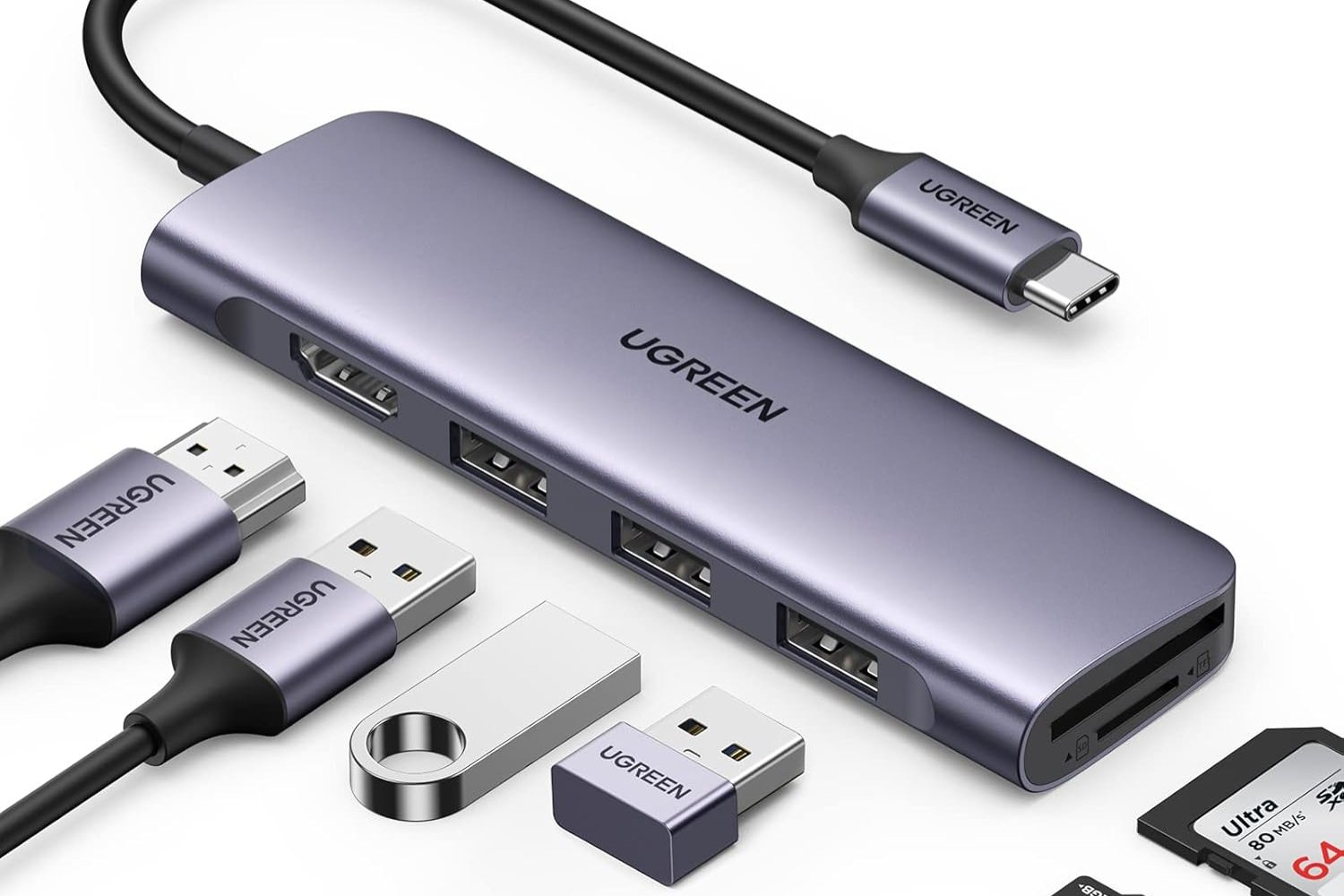UGREEN Revodok Hub USB C HDMI 4K 6 En 1 Adaptador Tipo C Lector Tarjeta SD TF Dock Station Compatible con MacBook Pro Air M3 M2 M1, iPad, iPhone 16 Plus MAX (Gris)