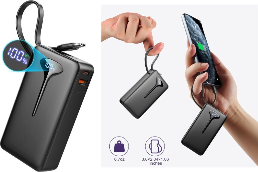 Bateria Externa 10000mAh, Power Bank 22.5W Carga Rapida, Bateria Portatil con Cables Integrados, Bateria Externa, Cargador Portatil con LED, Powerbank para iPhone/Samsung/Tablet etc