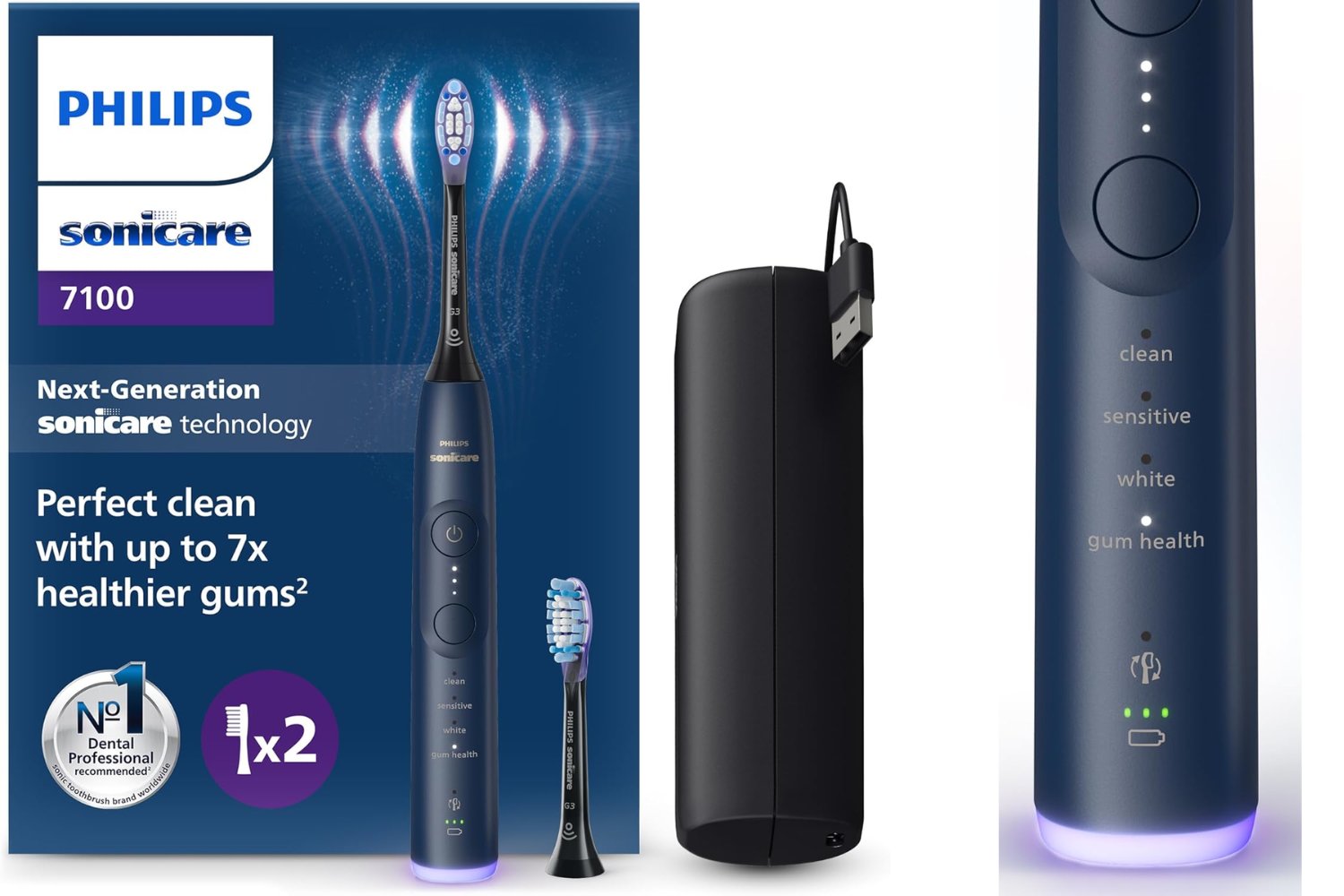 Philips Sonicare 7100 cepillo dental eléctrico, sónico, 4 modos de cepillado, 3 niveles de intensidad, alerta de presión, EasyStart, SmarTimer, azul marino, HX7423/01 [Nueva Tecnología]