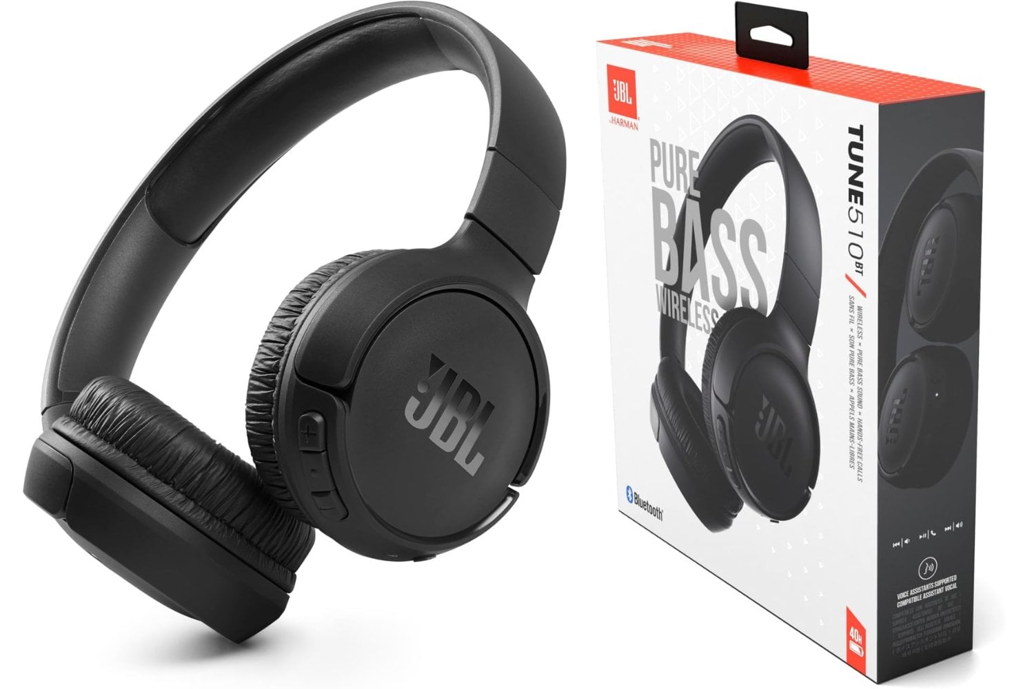 JBL Tune 510 BT Auriculares inalámbricos on-ear con tecnología Bluetooth, ligeros, cómodos y plegables, hasta 40h de batería, Siri y Asistente de Google, con conexión multipunto, negro