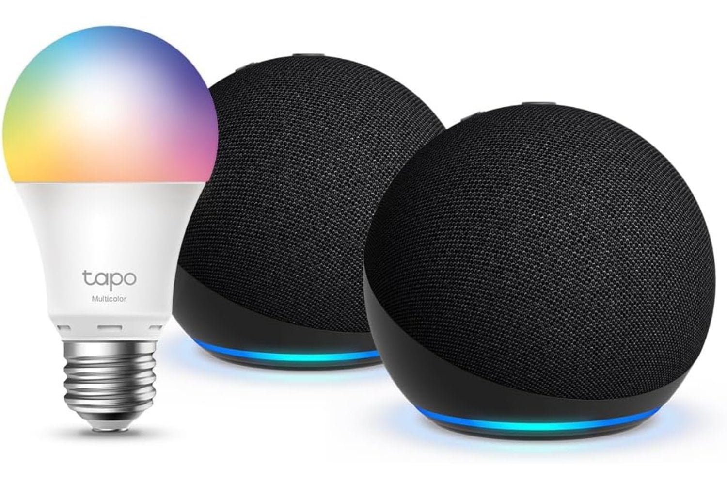 Echo Dot (5.ª generación) | Antracita, pack de 2 + Tapo L530EA Bombilla LED Inteligente (E27), Compatible con Alexa - Kit de inicio de Hogar digital