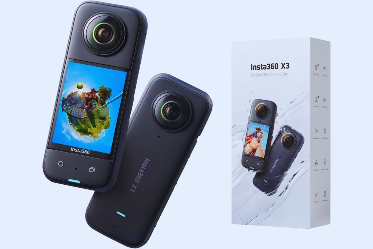 Insta360 X3 - Cámara de acción 360 Resistente al Agua, Sensor de 1/2", 5.7K 360, Fotos 72MP, estabilización, Pantalla táctil de 2.29", edición por IA, Live Streaming, Webcam, Control por Voz