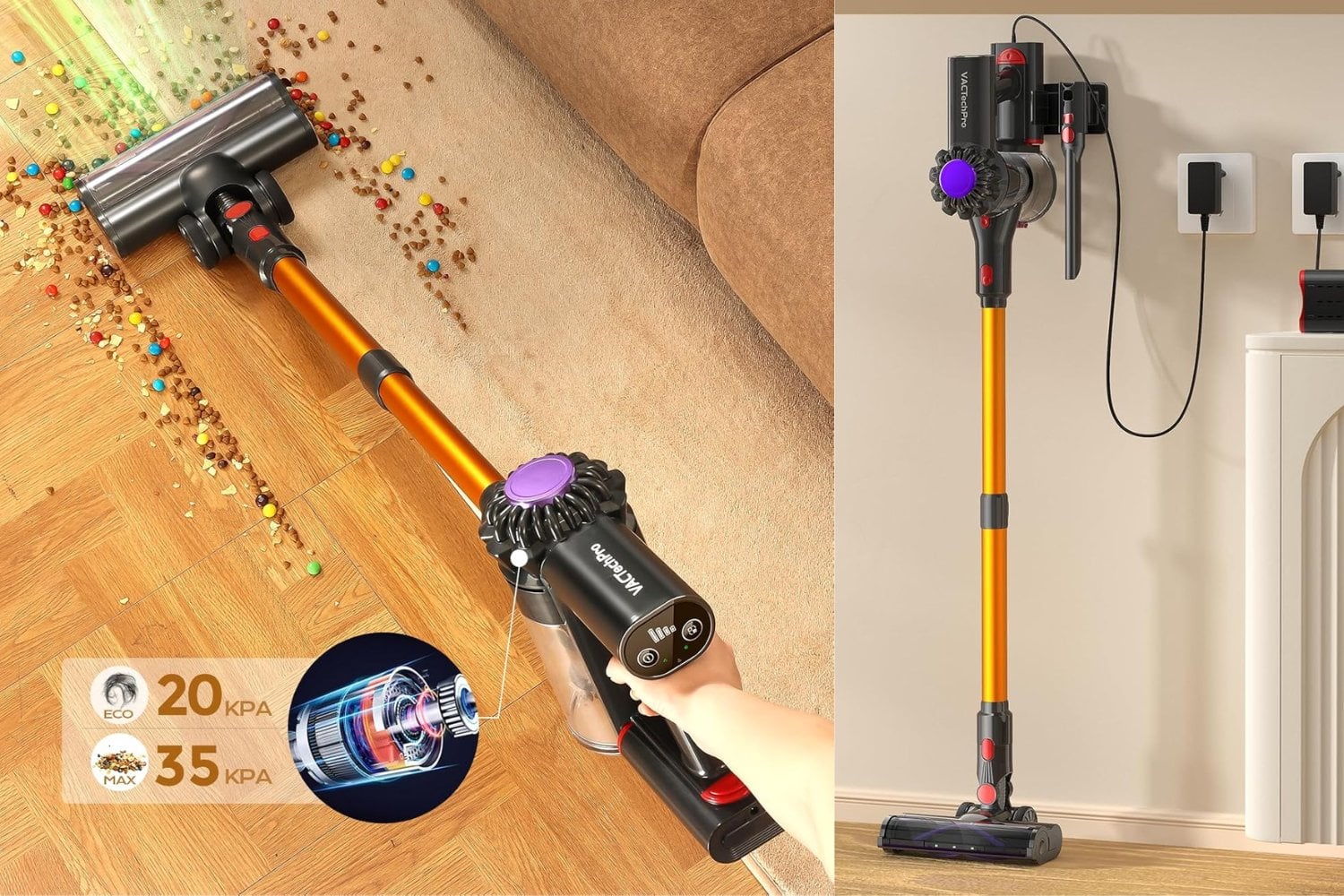 VACTechPro V15 Aspiradora sin Cable,35kPa Aspirador de Mano,6 en 1 Inalámbrica con 35minutos de autonomía y batería extraíble,Aspirador Escoba Ideal para Pelo de Mascota/Alfombra/Suelo Duro&Oro