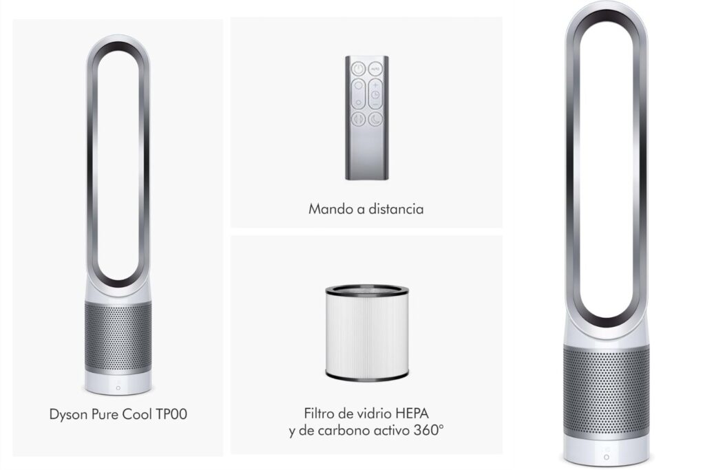 Dyson Pure Cool TP00 – Purificador y ventilador de torre sin aspas, 10 velocidades, 434 l/s, filtro HEPA 360°, capta el 99,95 % de las partículas, Blanco/Plata