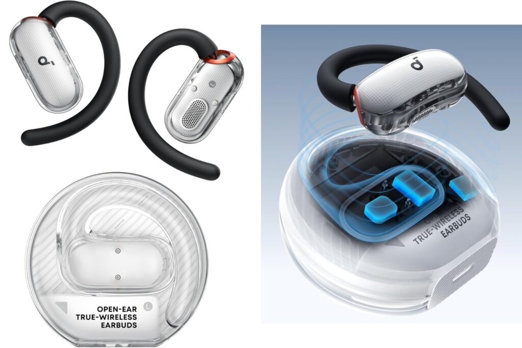 Soundcore Auriculares Open Ear V40i de Anker, Diseño Cristalino, Estuche sin Tapa, 4 Posiciones Ajustables para Cada Tamaño de Oreja, Graves más Ricos, IP55, 21H Reproducción, Llamadas Claras con IA