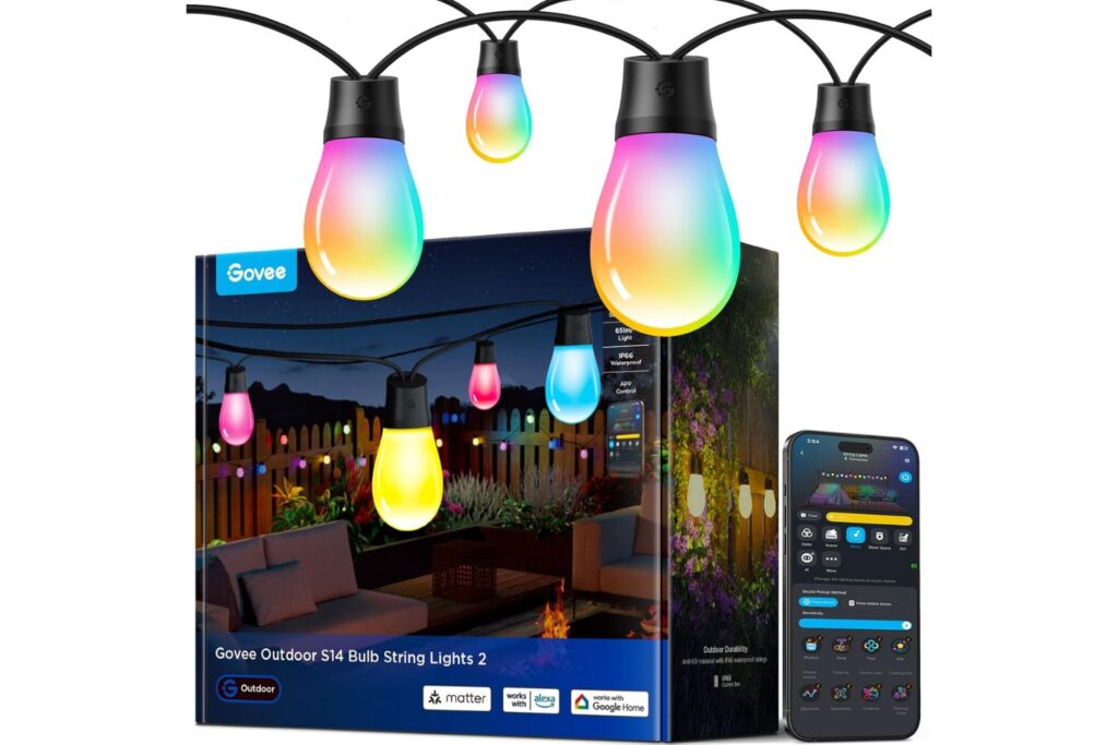 Govee Bombilla Inteligente para Exterior,15M LED RGBIC Blanco Cálido de Patio WiFi, Funcionan con Alexa, IP66 Resistente al Agua, 111 Modos de Escena, Regulable para Patio Trasero y Navidad