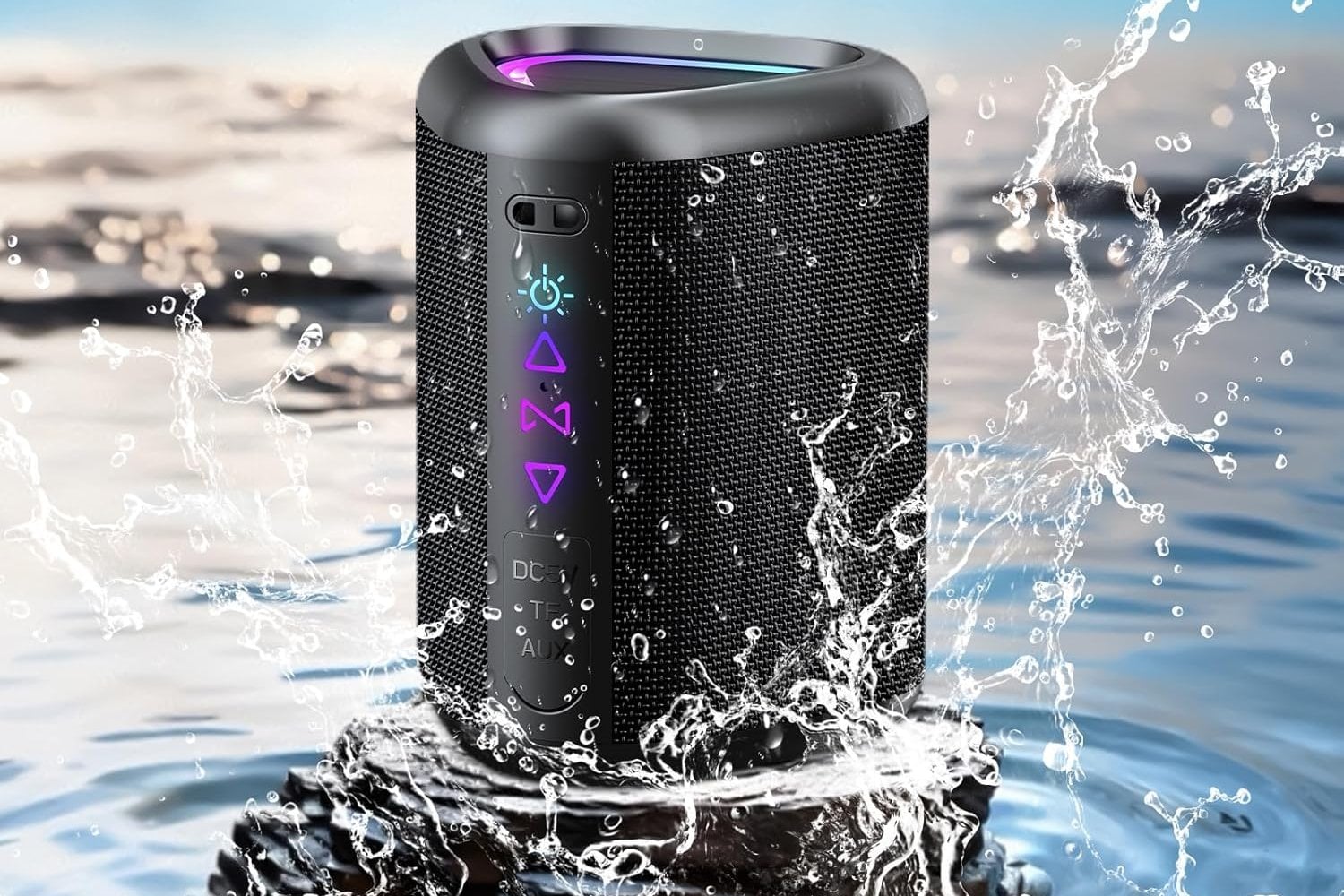 Altavoz Bluetooth Portátil Potente Inalámbrico con Luz LED, Bluetooth 5.4, 24 Horas, Graves Mejorados, 360° Sonido Estéreo, Impermeable IPX7, Speaker de Exterior para Viajes/Deportes/Fiestas/Ciclismo