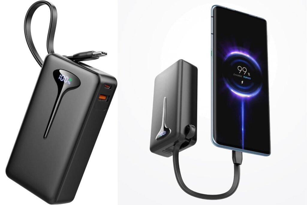 Bateria Externa Carga Rapida, Power Bank 10000mAh 22.5W Bateria Portatil con Cables Integrados, Bateria Externa, Cargador Portatil con LED, Powerbank para iPhone/Samsung/Tablet