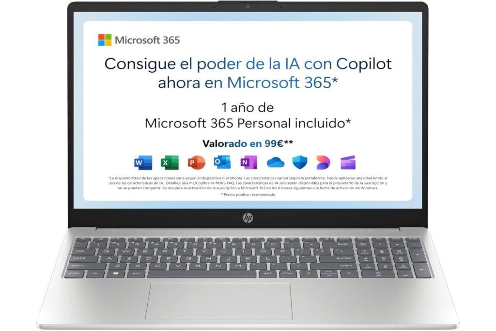 HP 15-fd0186ns - Ordenador portátil de 15.6" FHD (Intel N100, 4GB RAM, 128GB UFS, Intel UHD, Windows 11) Plata - Teclado QWERTY Español - Incluye Microsoft 365 Personal 12 Meses