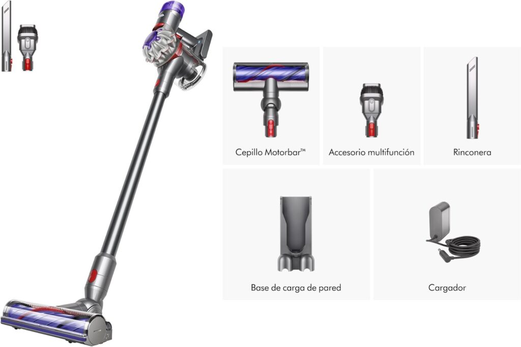 Dyson V8 Advanced™ Aspiradora sin Cable – 130 AW, 40 min de autonomía, Cepillo Motorbar con tecnología antienredos, Accesorio multifunción rinconera, Puerto de Carga, Plata/Níquel