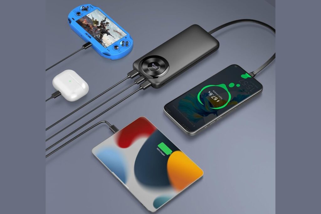 Power Bank Bateria Portatil 10000mAh, 3A Bateria Externa Carga Rapida USB-C in&out con 4 Salidas, Cargador Portatil con Cable Integrado para iPhone 11/15/12/13/14/16, xiaomi, Samsung, Tabletas y más