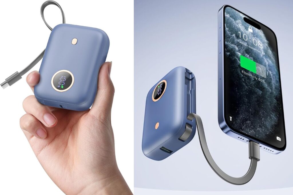Nllosa Mini Power Bank, 10000mAh Bateria Externa Carga Rapida con 22.5W Cable USB-C, Bateria Portatil Movil Pequeña Powerbank para iPhone 16 15 Samsung Xiaomi Android etc
