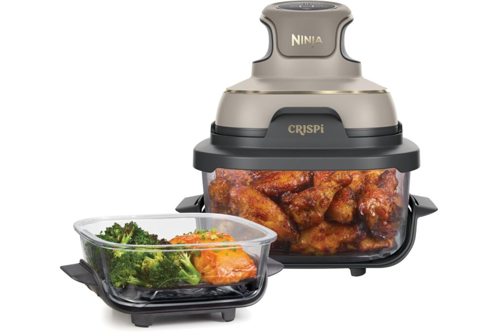 Ninja CRISPi Freidora de aire portátil, 3,8 l, 4 en 1, freír con aire, asar, mantener caliente y gratinar, incluye 2 recipientes de vidrio extraíbles y tapas, piedra dorada, FN101EUSTGD
