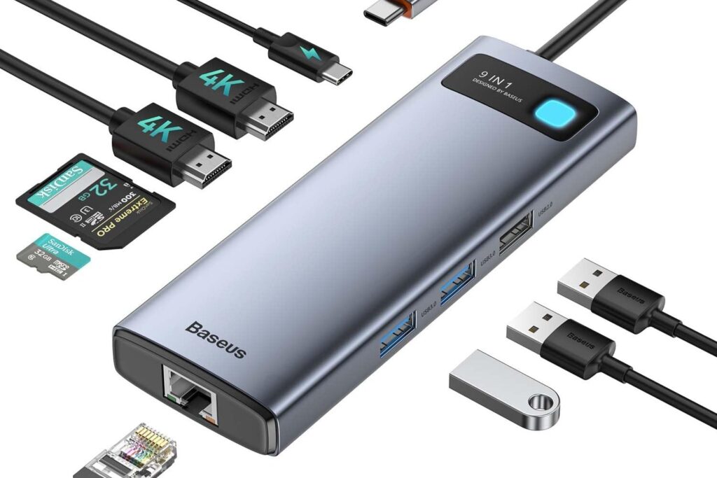 Baseus Docking Station USB C Dual HDMI, 9 en 1 Dual Monitor Adaptador con 2 HDMI 4K, Ethernet RJ45, 3 USB, PD 100W, Lector de Tarjetas SD/TF para MacBook/iPad/DELL/HP/Surface/Lenovo