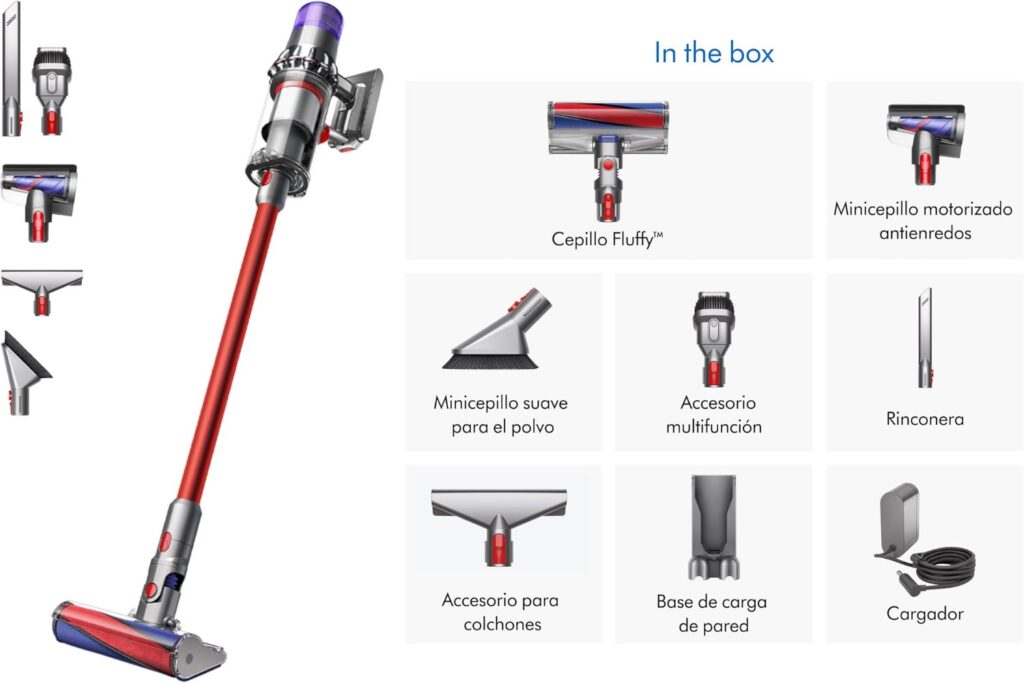 Dyson V11 Fluffy™ Aspiradora sin Cable – 185 AW, 60 min de autonomía, Cepillo con Suave Cabezal Giratorio, minicepillo motorizado, 3 Modos de Potencia, Pantalla LCD, Roja