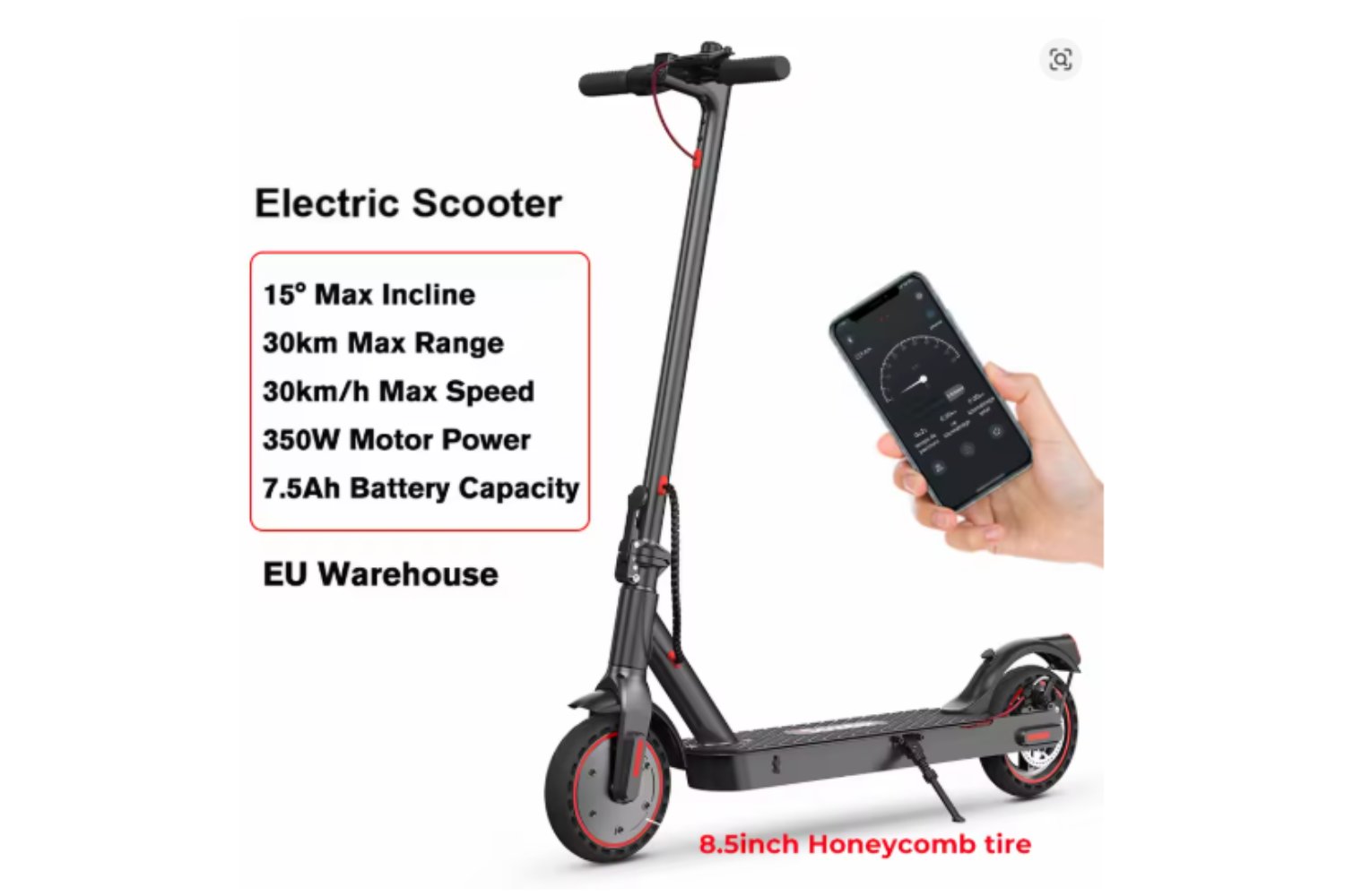 Patinete eléctrico i9 de 8,5 pulgadas, 350W, 7,5Ah, para adultos, velocidad de 30 km/h, alcance máximo de 30km, neumáticos de panal, patinetes plegables con aplicación