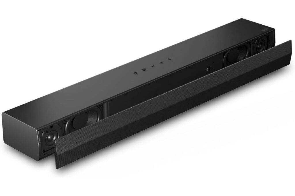 LG S20A - Barra de Sonido Inteligente, Bluetooth, 50W, 2.0 Canales, Compacta con Doble Woofer Integrado, Dolby Digital, DTS Digital Surround, Negro