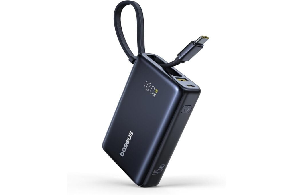 Baseus Picogo Power Bank 10000 mAh 45W con Cable USB-C Integrado, PD 3.0 QC 4+ Batería Externas de 45W, 2 USB-C y 1 USB-A, Powerbank para iPhone 16/15/14 Series, MacBook, Galaxy S24 Ultra