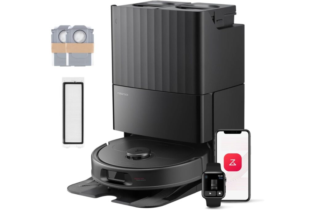 Roborock QV 35S Set Robot Aspirador, Succión HyperForce de 10000 Pa con Base Multifuncional, Cepillos Dobles Antienredos, 2 Mopas Giratorias Elevación Automática de 10 mm, Limpiar y secar Auto, Negro