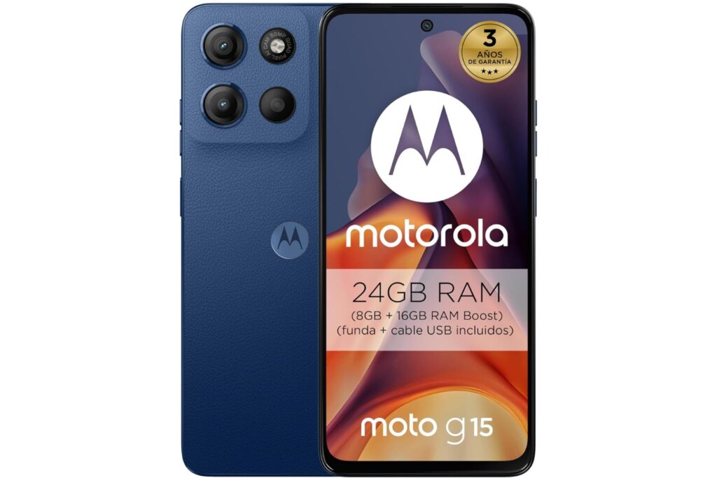 Motorola Moto g15 24GB (8G+16GB RAM Boost)/256GB Azul, España, Pantalla de 6.72'' FHD+, Sistema de cámaras de 50 MP y Objetivo Ultra Gran Angular, Batería 5200 mAh, Carga TurboPower, Soft Luxe