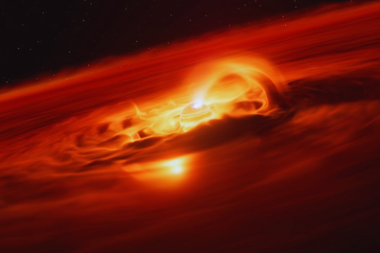 Un planeta que vaga solo por el espacio está devorando materia a un ritmo récord. Cada segundo engulle miles de millones de toneladas como si fuera una estrella bebé