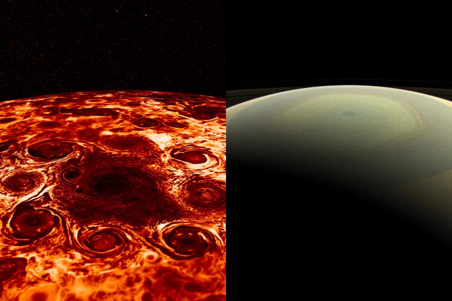 Las tormentas polares de Júpiter y Saturno parecen similares, pero funcionan con reglas opuestas. La física que al fin explica su diferencia