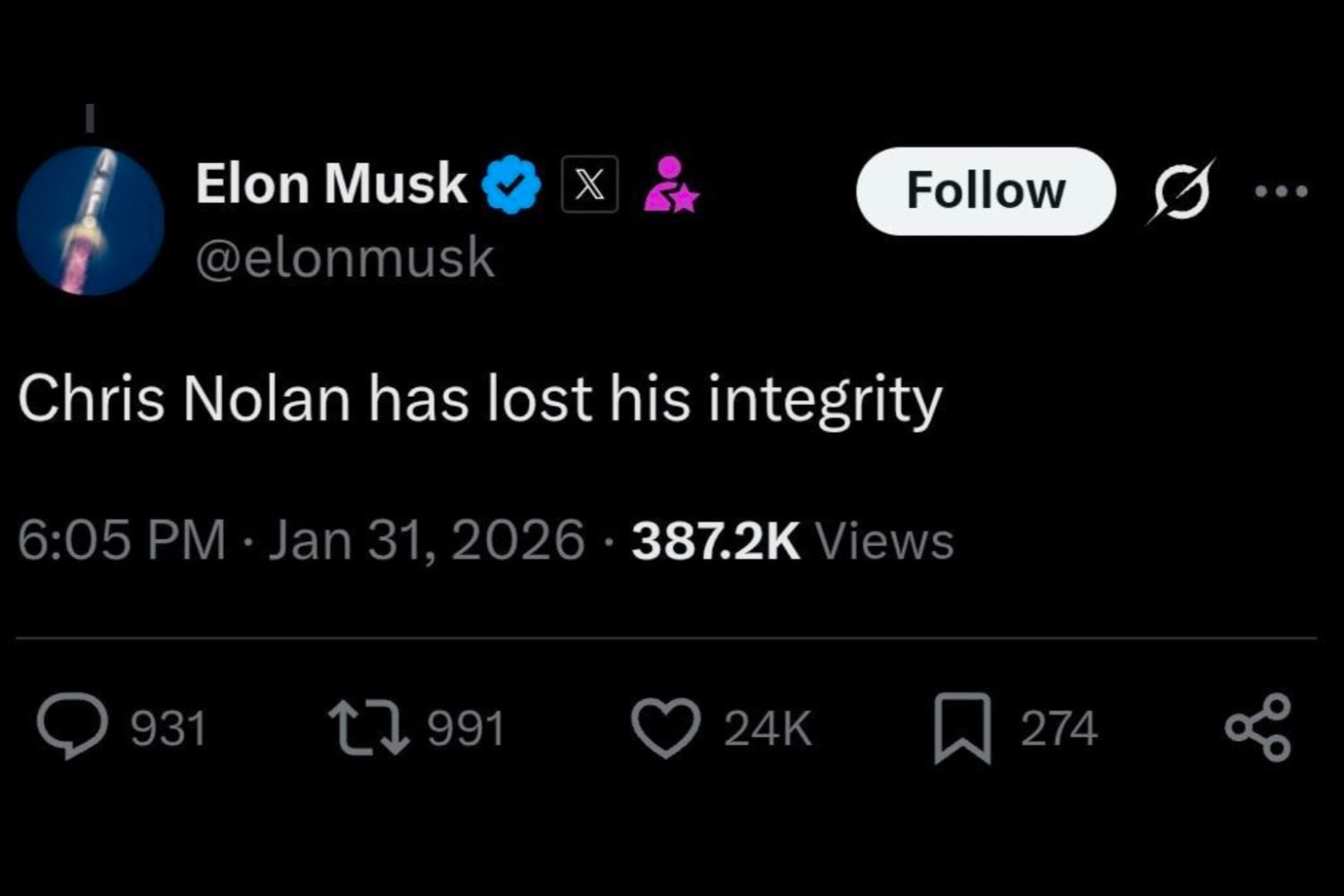 Elon Musk acusa a Christopher Nolan de “perder la integridad”… basándose en un rumor falso sobre La Odisea