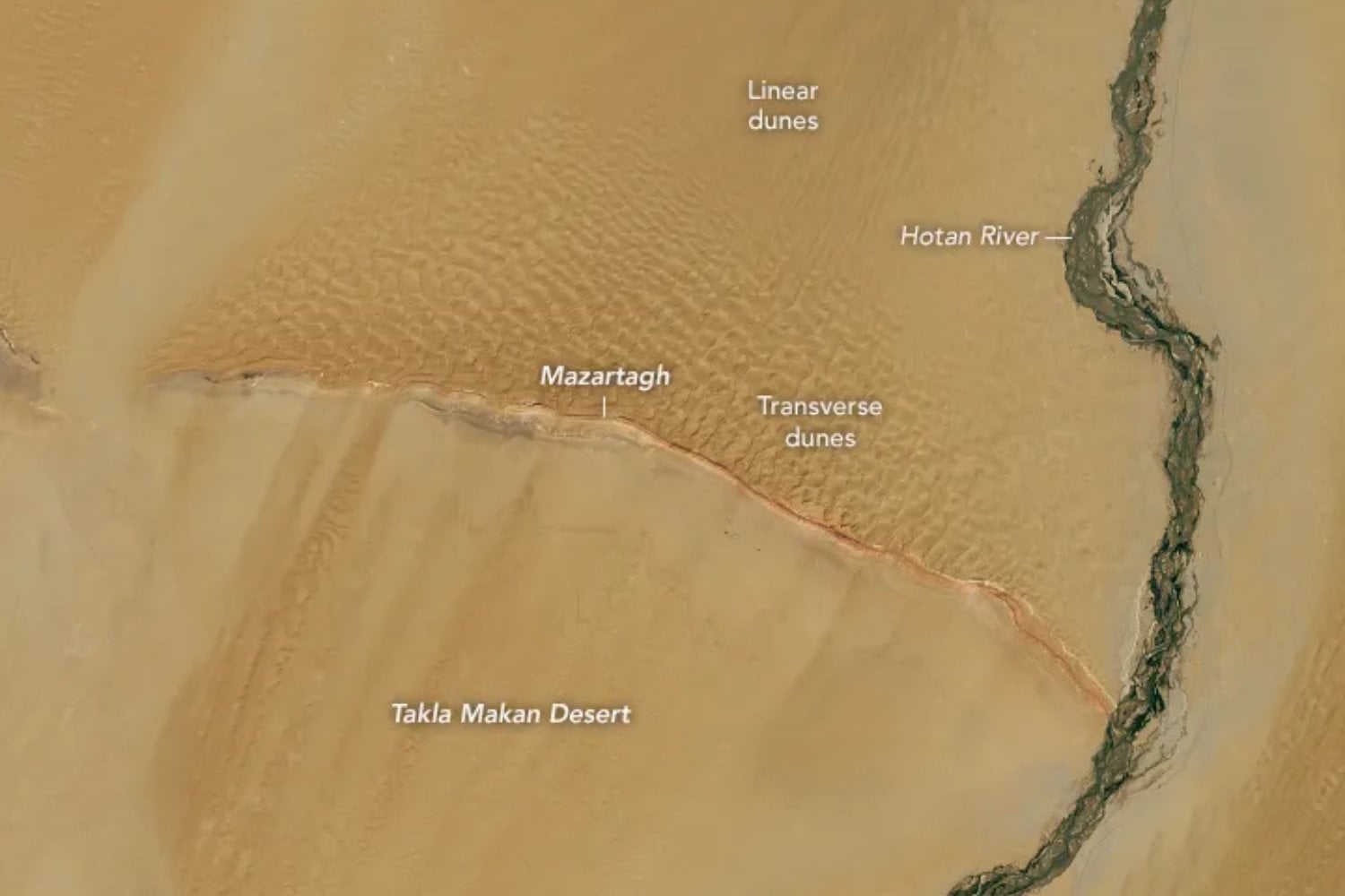 La NASA detecta desde el espacio una gigantesca forma de “Y” en uno de los desiertos más hostiles del planeta. La explicación mezcla geología, viento y un río que cruza el Taklamakán