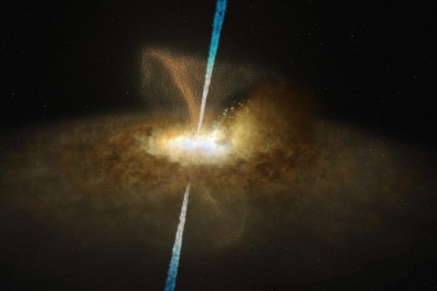 El telescopio James Webb encontró un gigantesco “faro de luz” brillando en mitad de remolinos de polvo cósmico. La estructura proviene del núcleo extremadamente activo de una galaxia dominada por un agujero negro supermasivo