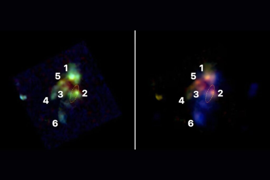 Seis galaxias quedaron atrapadas en una región diminuta cuando el universo apenas comenzaba a crecer. En el centro, un agujero negro supermasivo ya estaba encendiendo sus primeros chorros