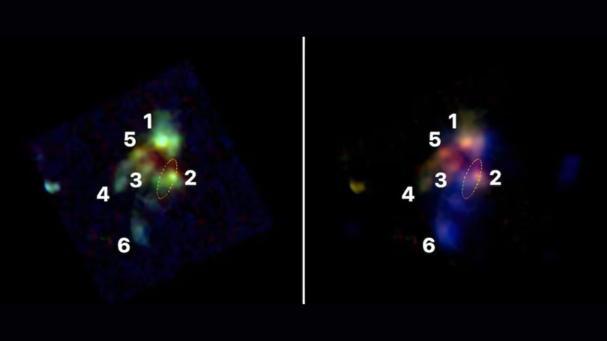 Seis galaxias quedaron atrapadas en una región diminuta cuando el universo apenas comenzaba a crecer. En el centro, un agujero negro supermasivo ya estaba encendiendo sus primeros chorros
