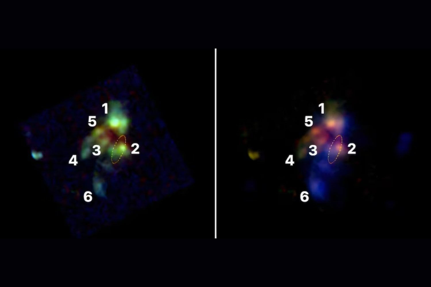 Seis galaxias quedaron atrapadas en una región diminuta cuando el universo apenas comenzaba a crecer. En el centro, un agujero negro supermasivo ya estaba encendiendo sus primeros chorros