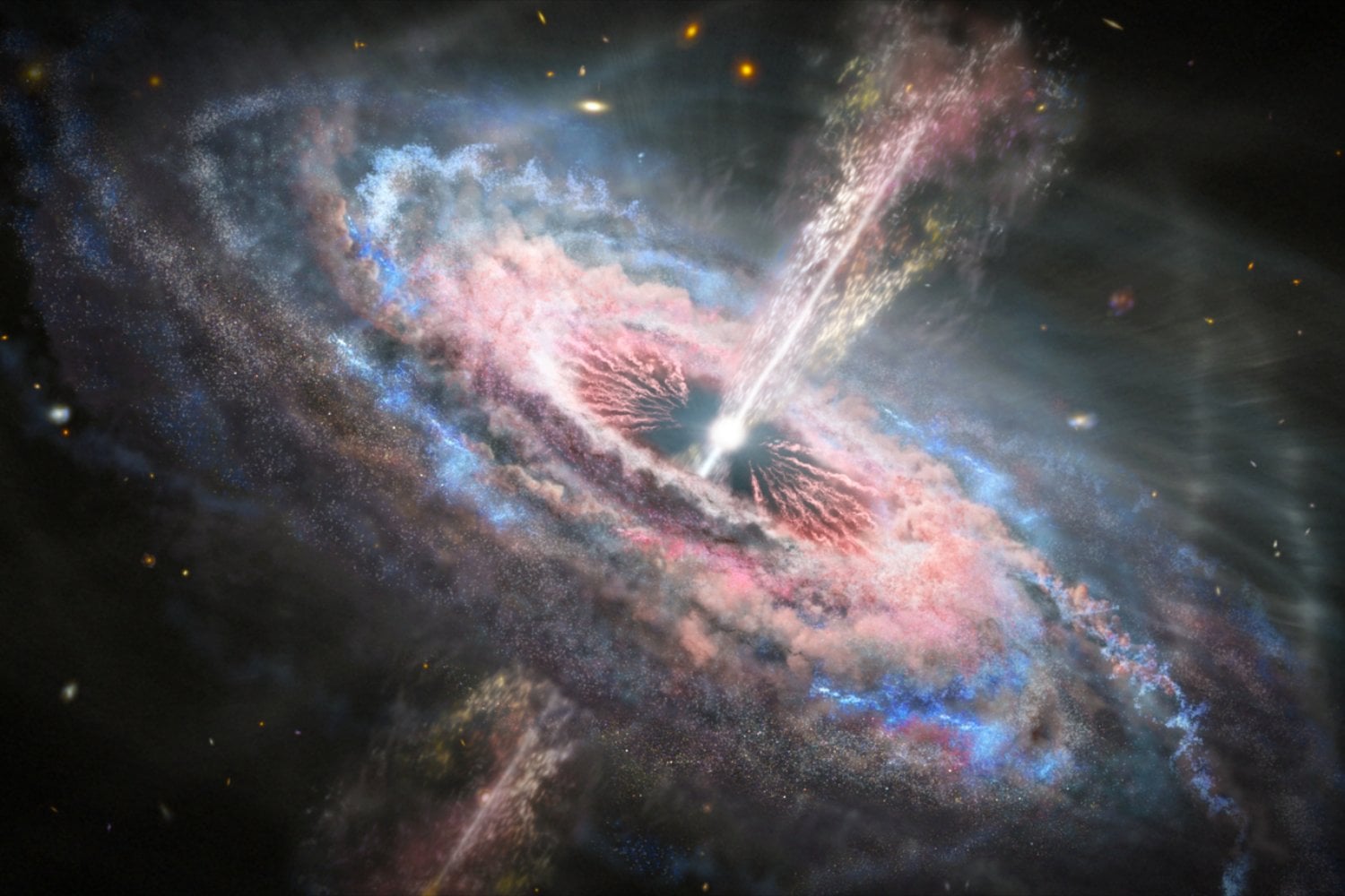 Astrónomos detectaron un viento cósmico que viaja al 30% de la velocidad de la luz desde el cuásar J2318. La señal ultravioleta desafía los modelos que explican cómo los agujeros negros empujan materia sin destruirla
