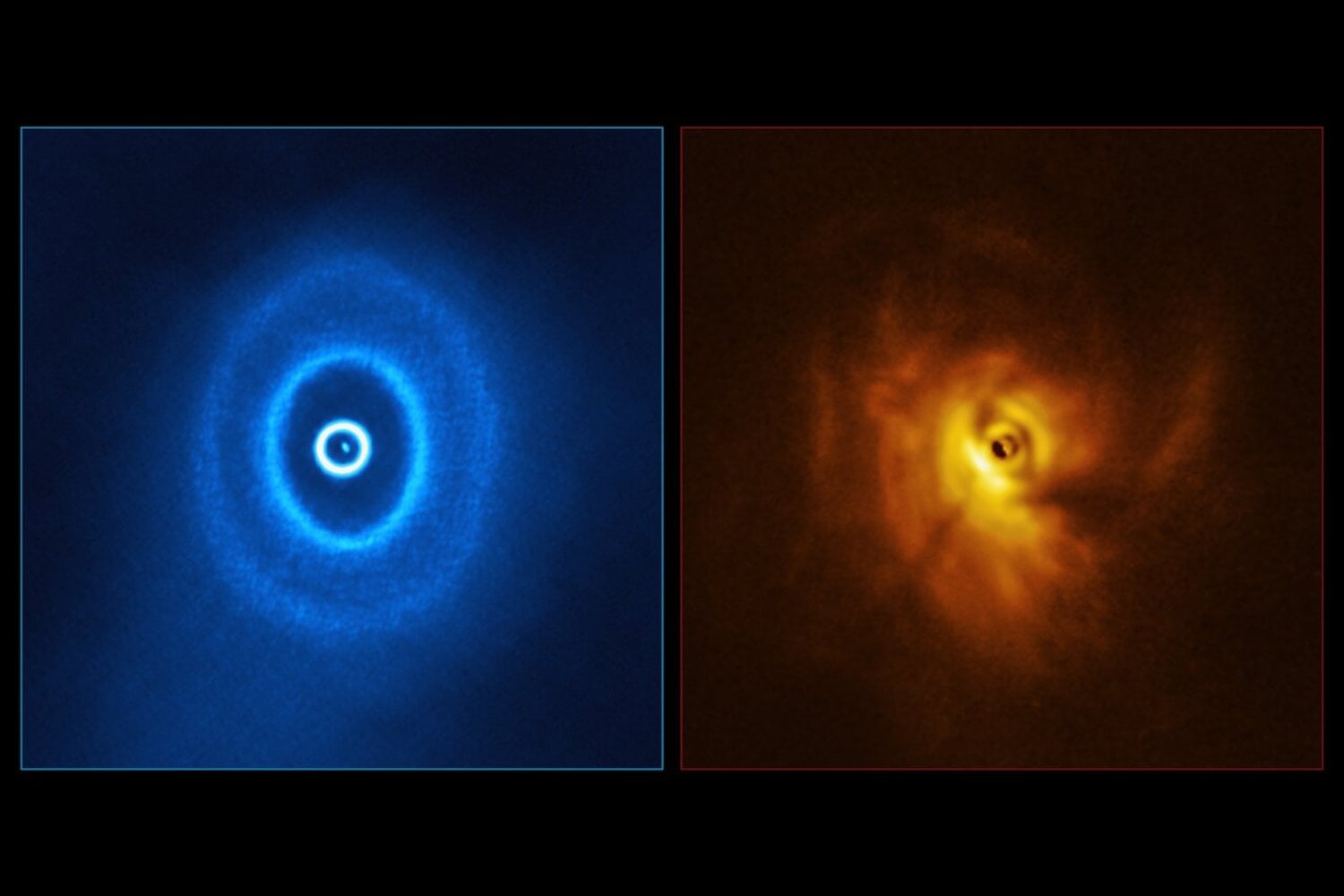 ALMA encontró tres anillos planetarios girando en planos distintos alrededor de tres estrellas. Seis años después ha descubierto una corriente de gas de 1,6 billones de kilómetros que podría explicar el caos