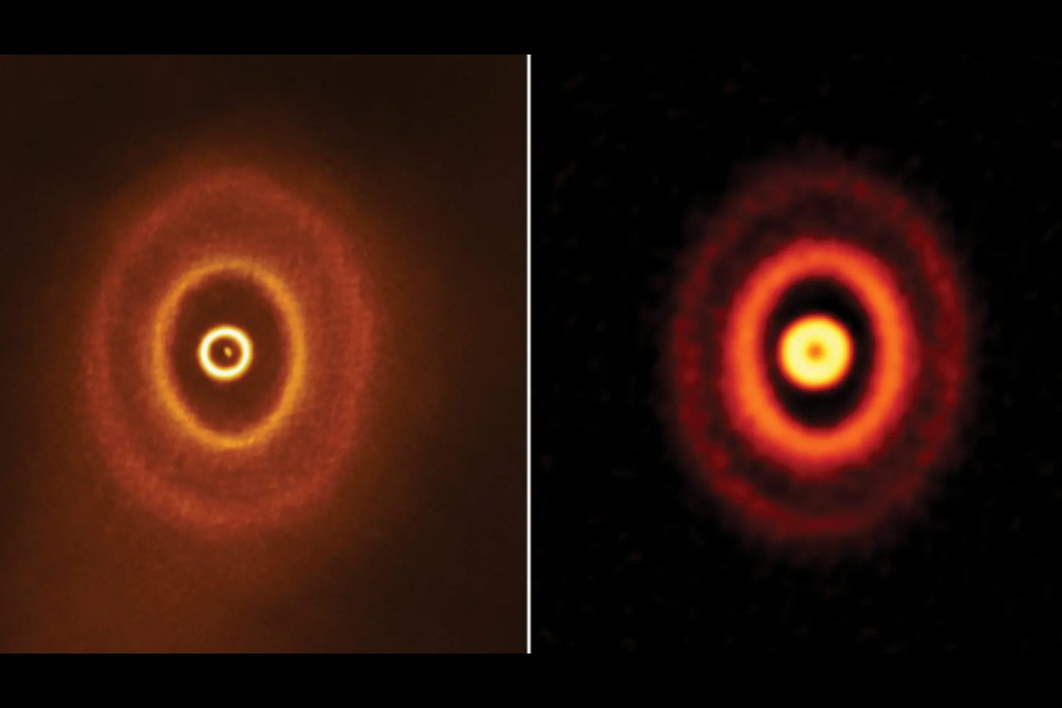 ALMA encontró tres anillos planetarios girando en planos distintos alrededor de tres estrellas. Seis años después ha descubierto una corriente de gas de 1,6 billones de kilómetros que podría explicar el caos