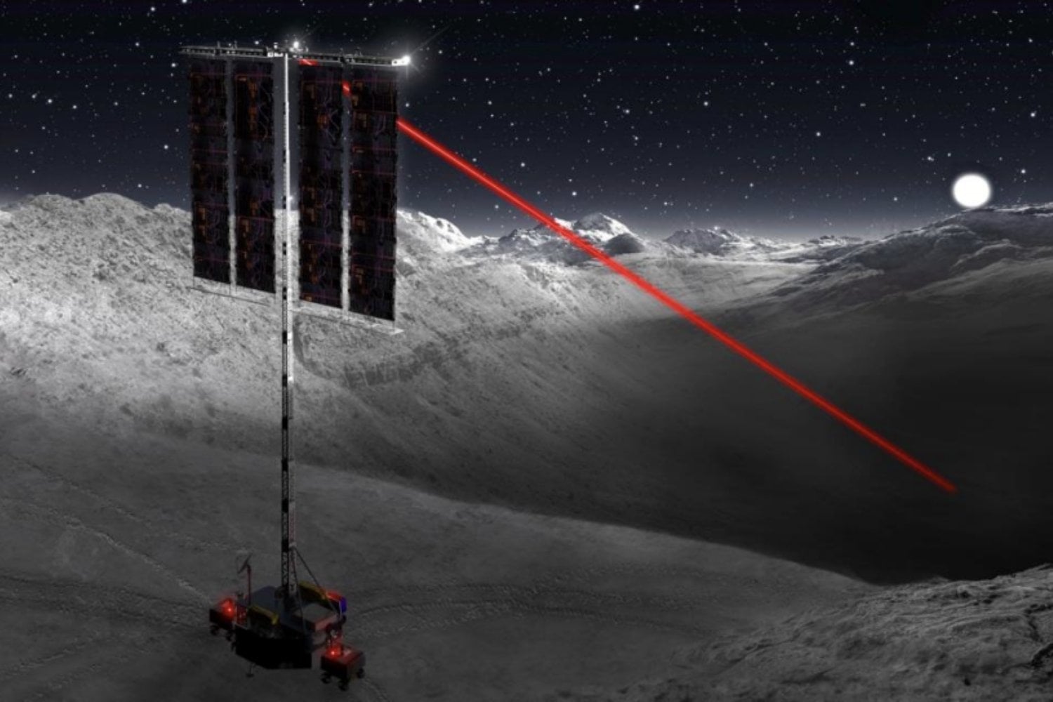 La NASA estudia convertir la Luna en una enorme red eléctrica sin cables. Tres naves con láseres y torres solares de 20 metros podrían mantener vivas sondas durante sus noches de 14 días