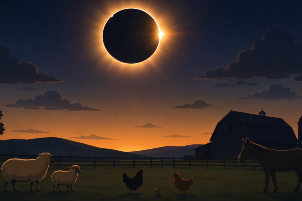 El eclipse duró apenas unos minutos, pero cambió el comportamiento de ovejas, gallinas y burros