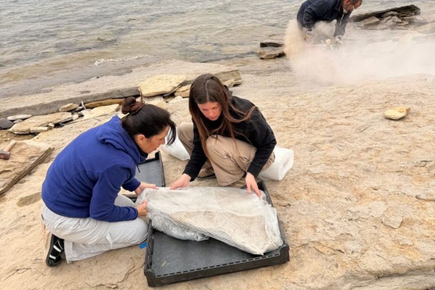 Una bajante excepcional del lago Mari Menuco dejó al descubierto una costa que normalmente permanece bajo el agua. Un niño encontró allí diminutas huellas de aves del Cretácico y los paleontólogos terminaron descubriéndolas junto a las pisadas de saurópodos gigantes
