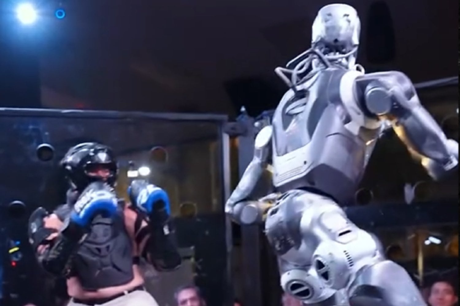 Metieron a un humano en una jaula contra un robot T800 de 75 kilos. Las patadas fueron reales, aunque detrás de la máquina había otra persona