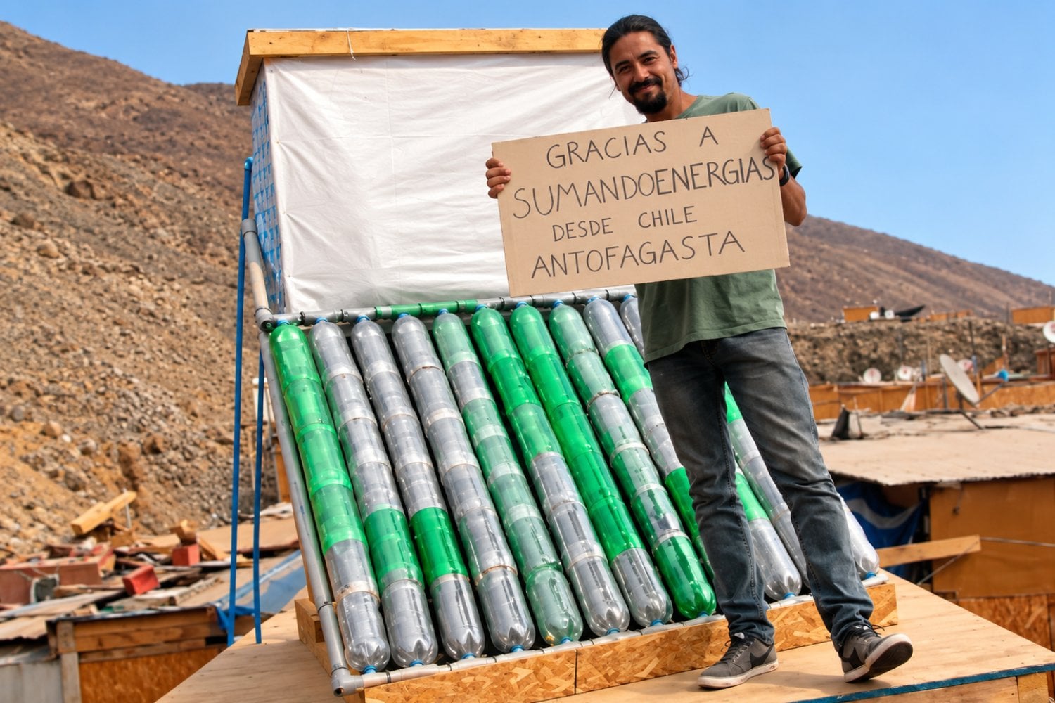 Un calefón solar construido con residuos lleva agua caliente a hogares argentinos