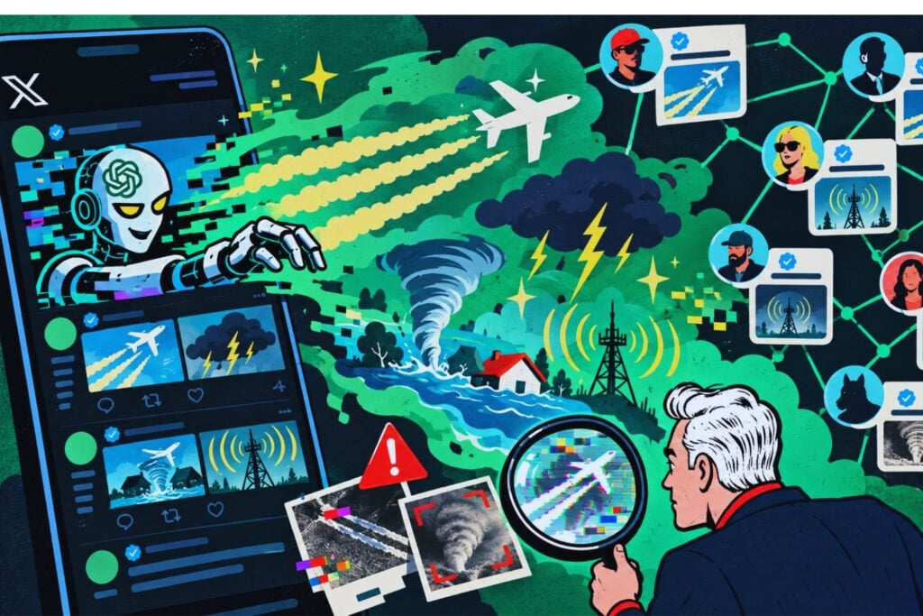 Una red de cuentas verificadas está llenando X de tormentas, chemtrails y desastres que nunca ocurrieron. La IA acaba de darles el arma perfecta